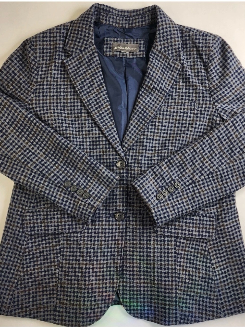 Vintage Eddie Bauer Navy, Gray and Brown Houndstooth Checkered Plaid Jacket